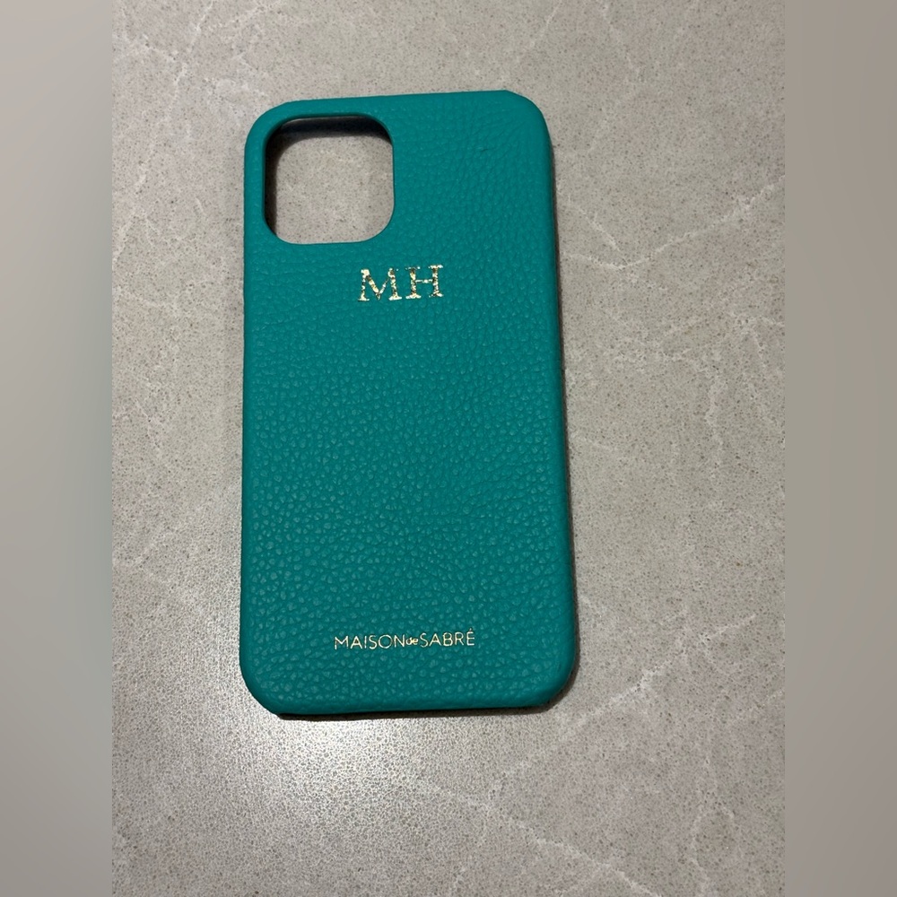 Teal Maison de Sabré Pebbled Leather iPhone 15 Case MH Gold Initials